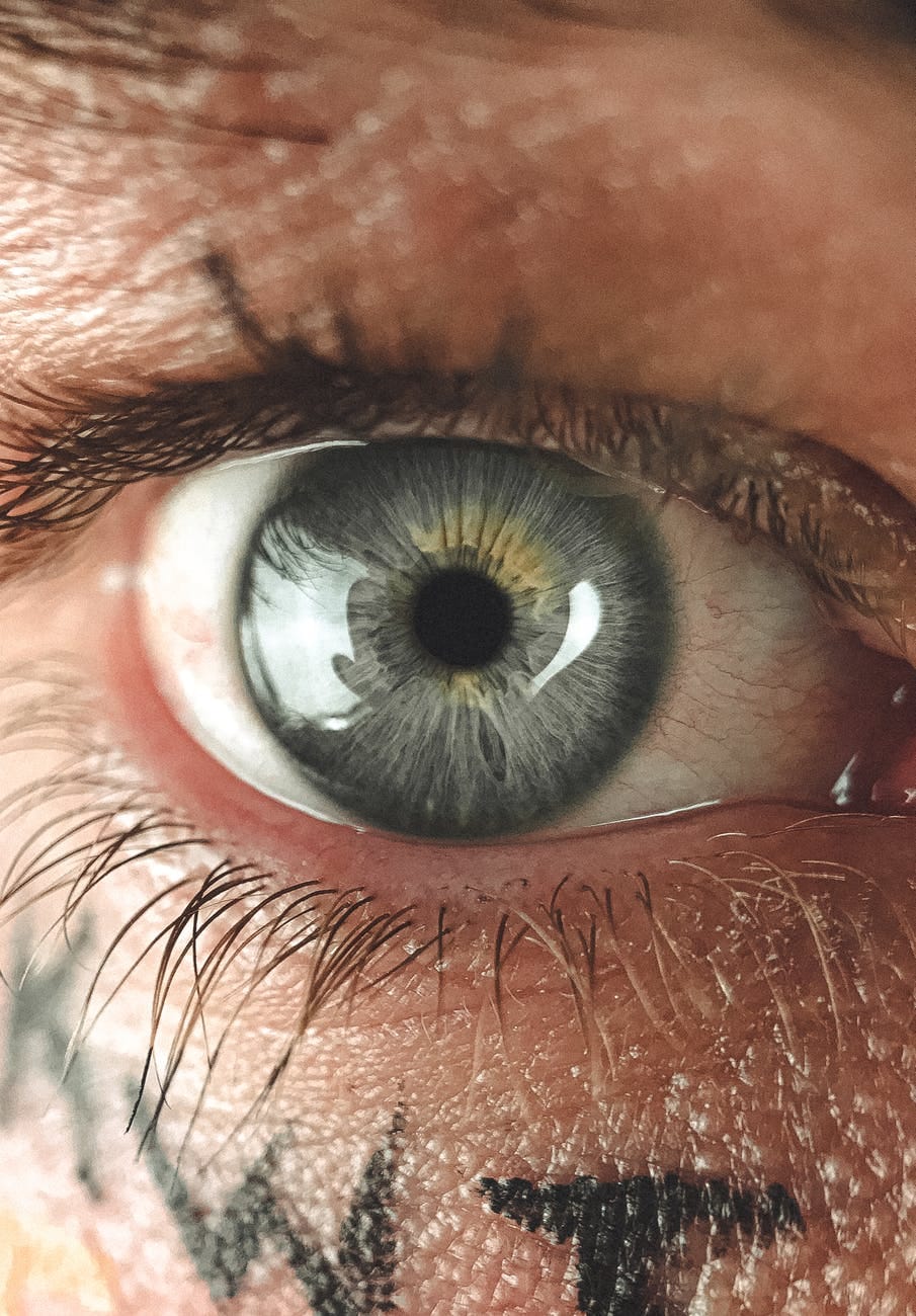 gray eye of man with letters on face skin